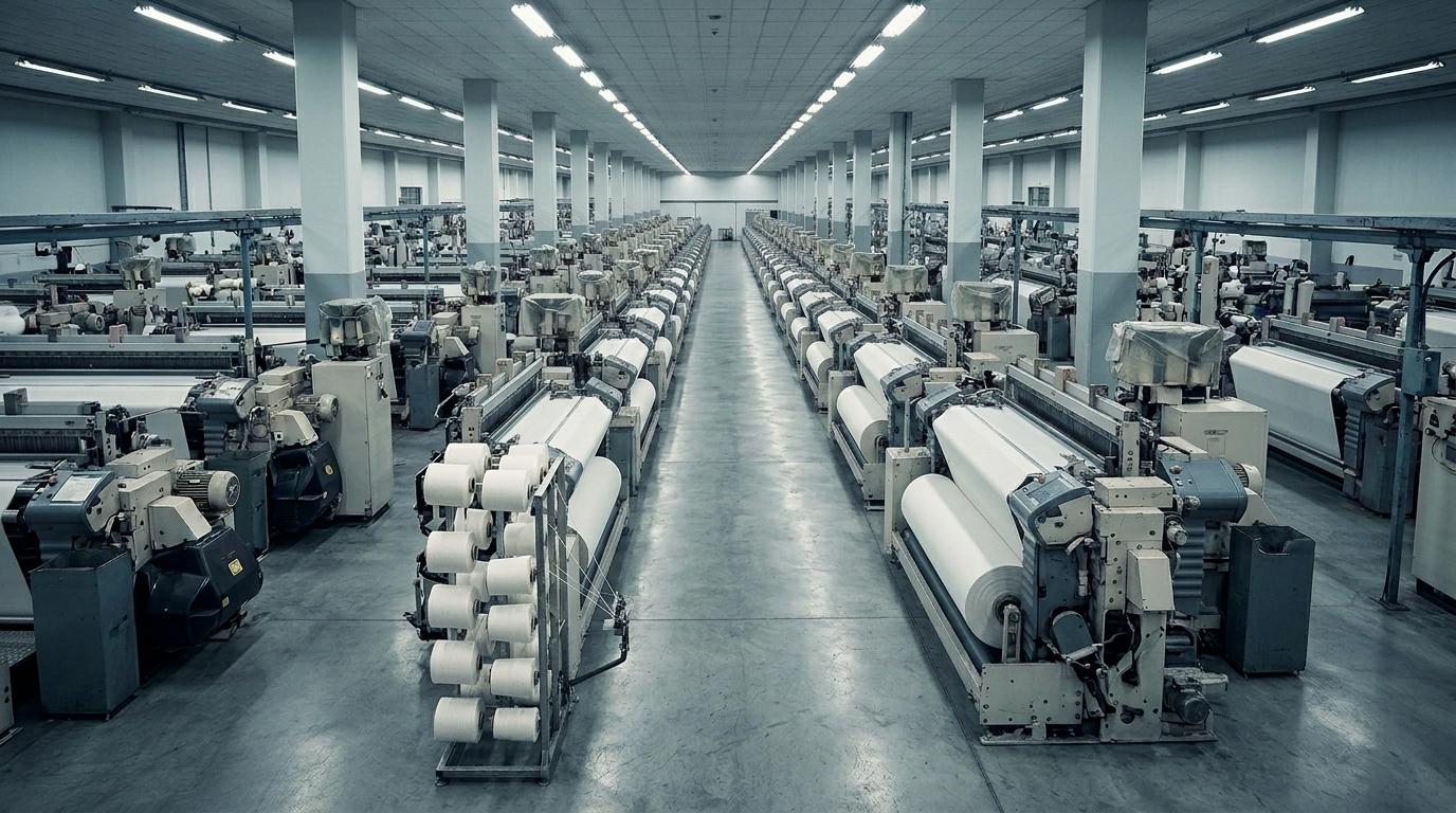 Textile factory floor with rows of weaving looms at JA Textile in Gujrat, Pakistan