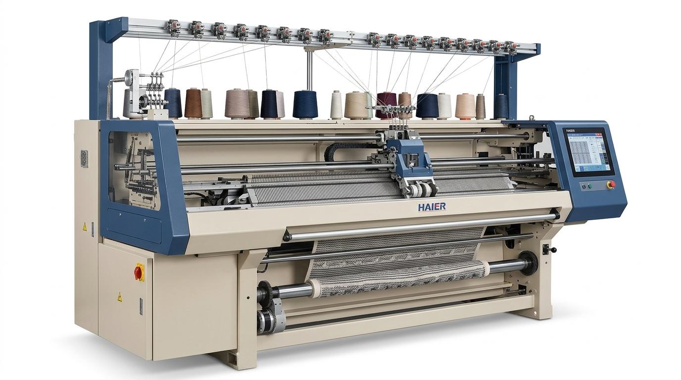 Industrial knitting machine producing fabric at JA Textile