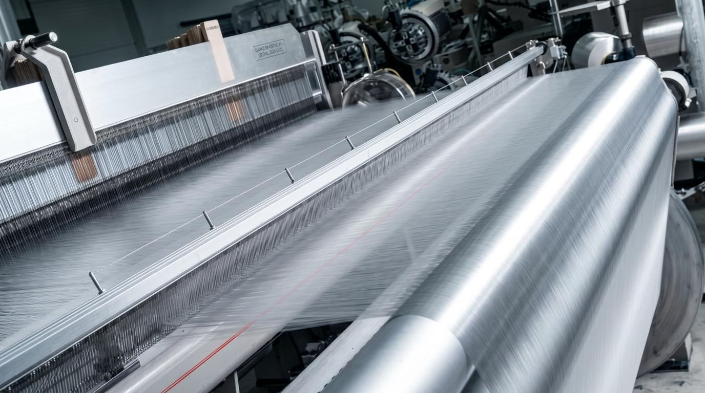 Industrial loom weaving fabric at JA Textile in Gujrat, Pakistan