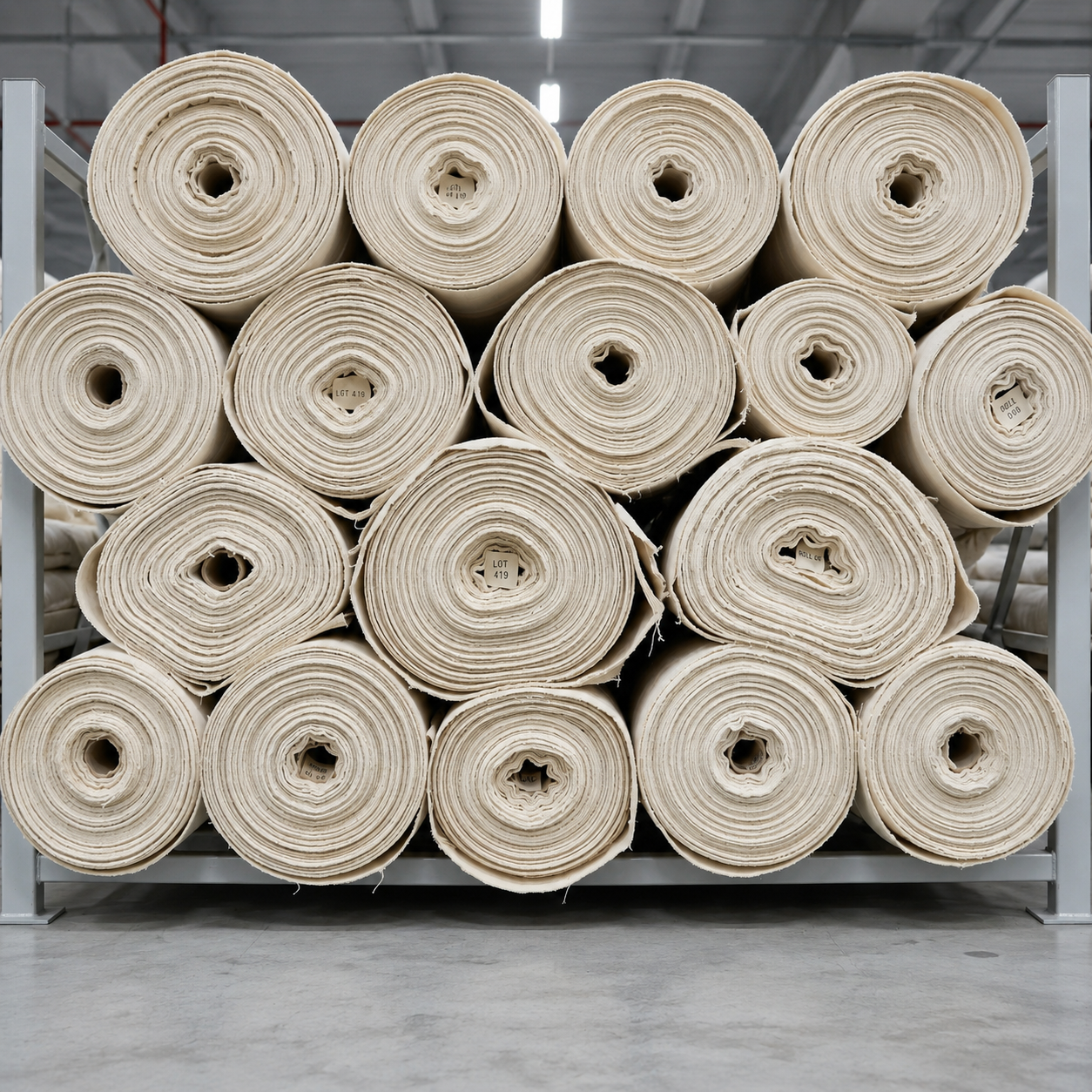 Rolls of woven fabric stacked on racks for traders at JA Textile in Gujrat, Pakistan