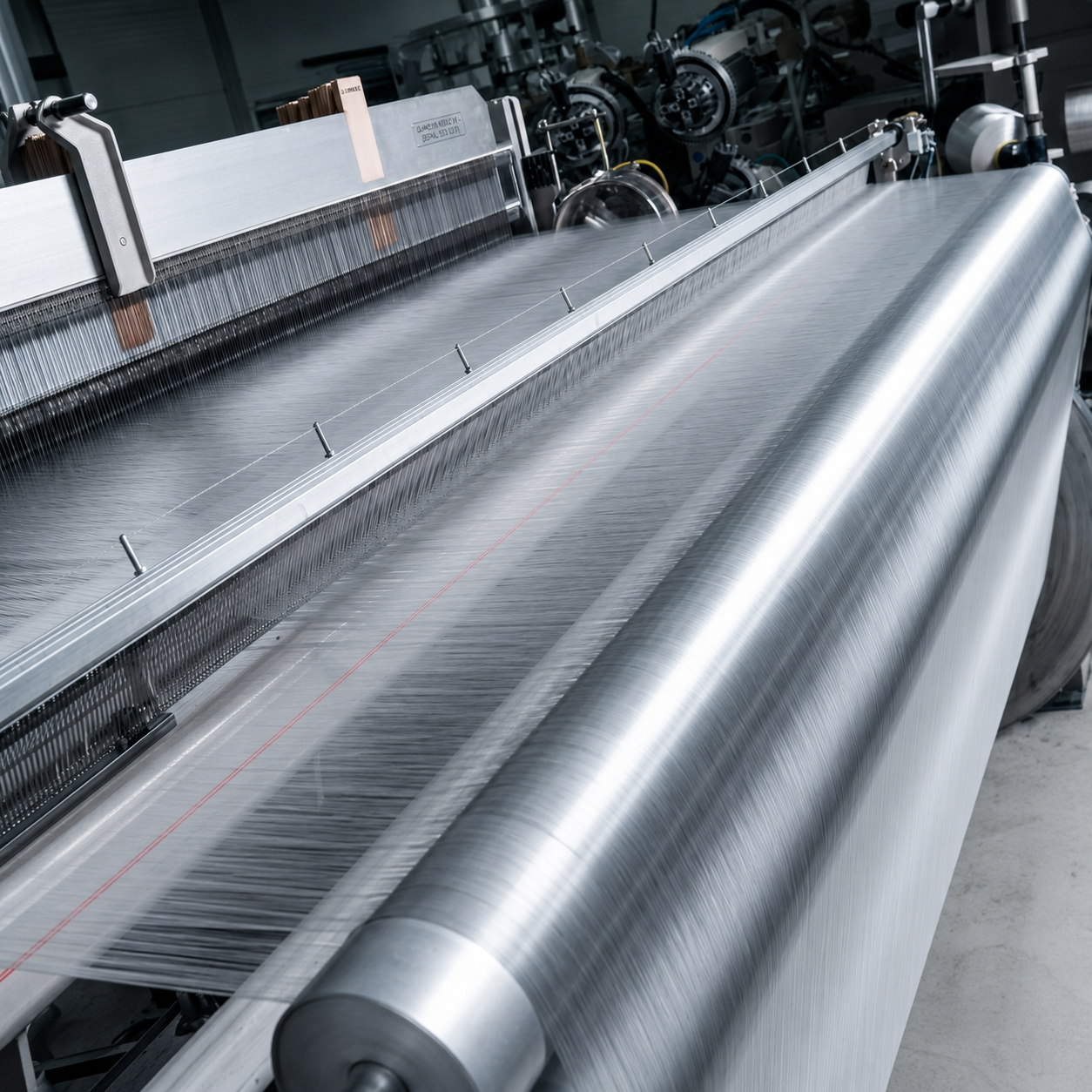 Close-up of warp threads on an industrial loom at JA Textile