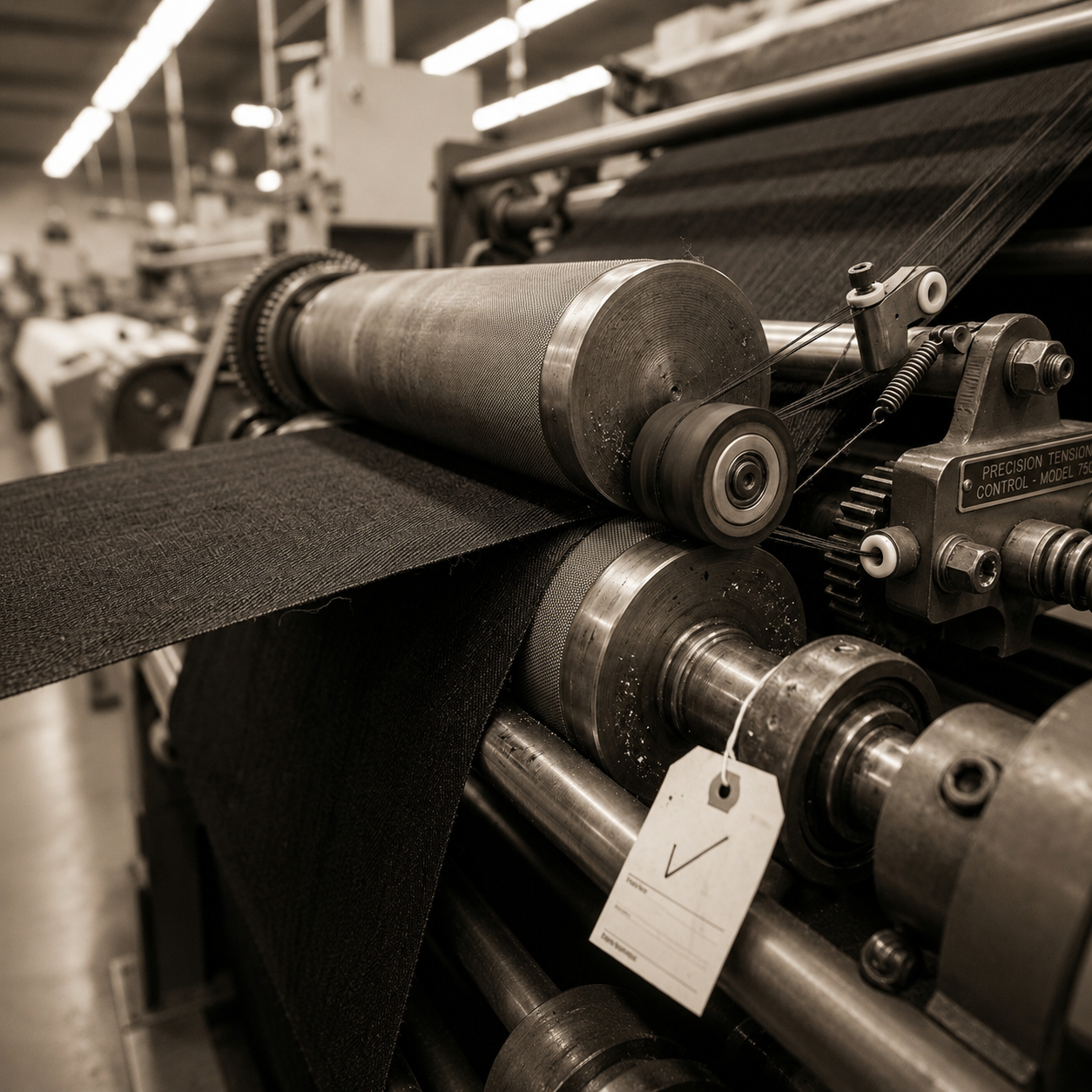 Fabric moving through a textile finishing machine at JA Textile