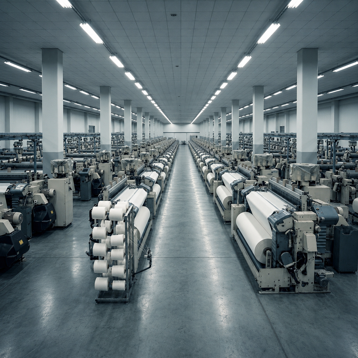 Textile factory floor with weaving looms serving Pakistani and international buyers